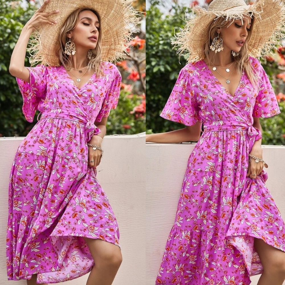 Boho floral print ruffle hem v neck belted dress - Picture 8 of 8